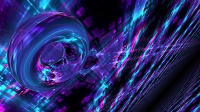 An abstract digital artwork featuring a swirling, glass-like sphere with vibrant neon colors, surrounded by dynamic streaks and geometric shapes that create a sense of movement and depth.