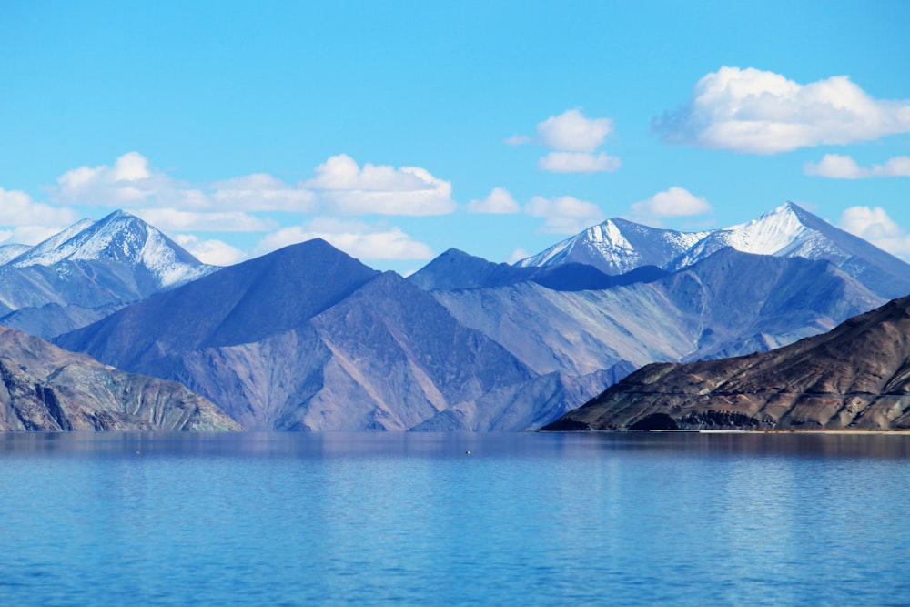 a lake with mountains in the background under a blue sky