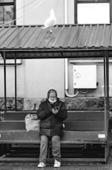 An elderly person sits on a bench under a metal roof while looking at a mobile phone. A large bag is placed next to them on the bench. A seagull stands on the roof above, and a building wall with a utility panel is visible in the background.