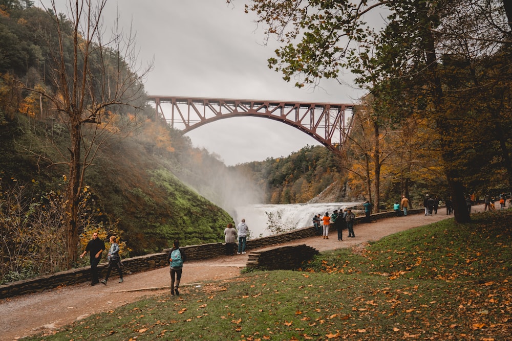 a group of people walking on a path next to a river