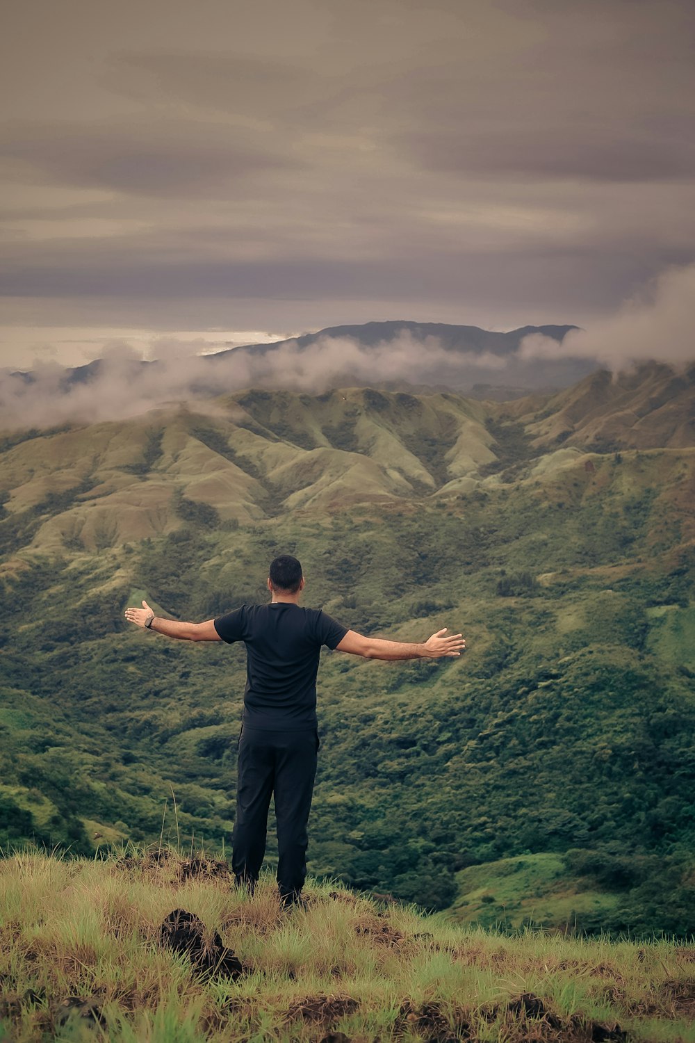 a man standing on top of a lush green hillside