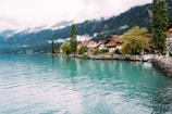 A picturesque lakeside town with charming buildings nestled against a backdrop of lush green mountains. The calm turquoise water of the lake reflects the surrounding scenery, while a few tall trees line the shoreline. The sky is partially cloudy, adding to the serene and tranquil atmosphere.