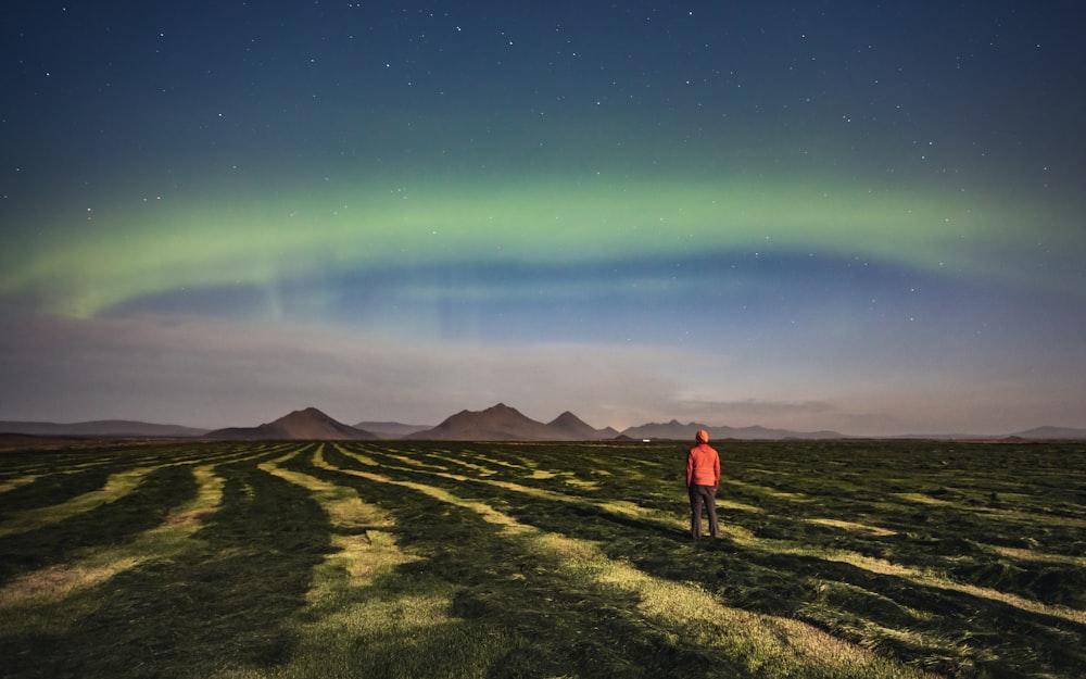 a person standing in a field with an aurora light in the background