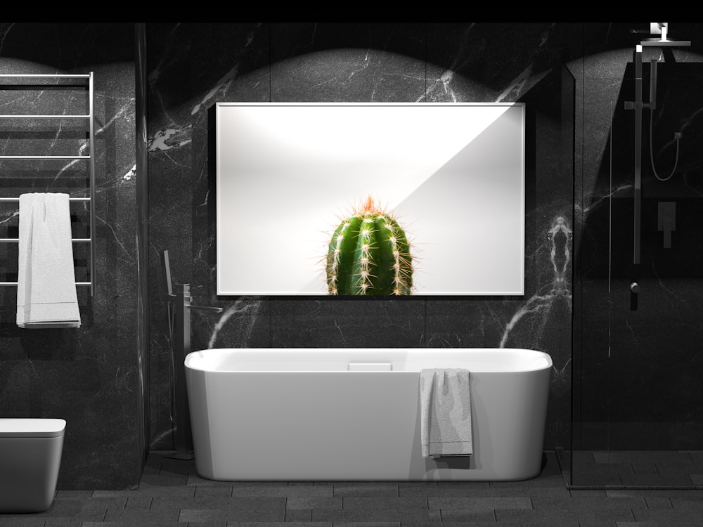 un baño con un cactus en el espejo