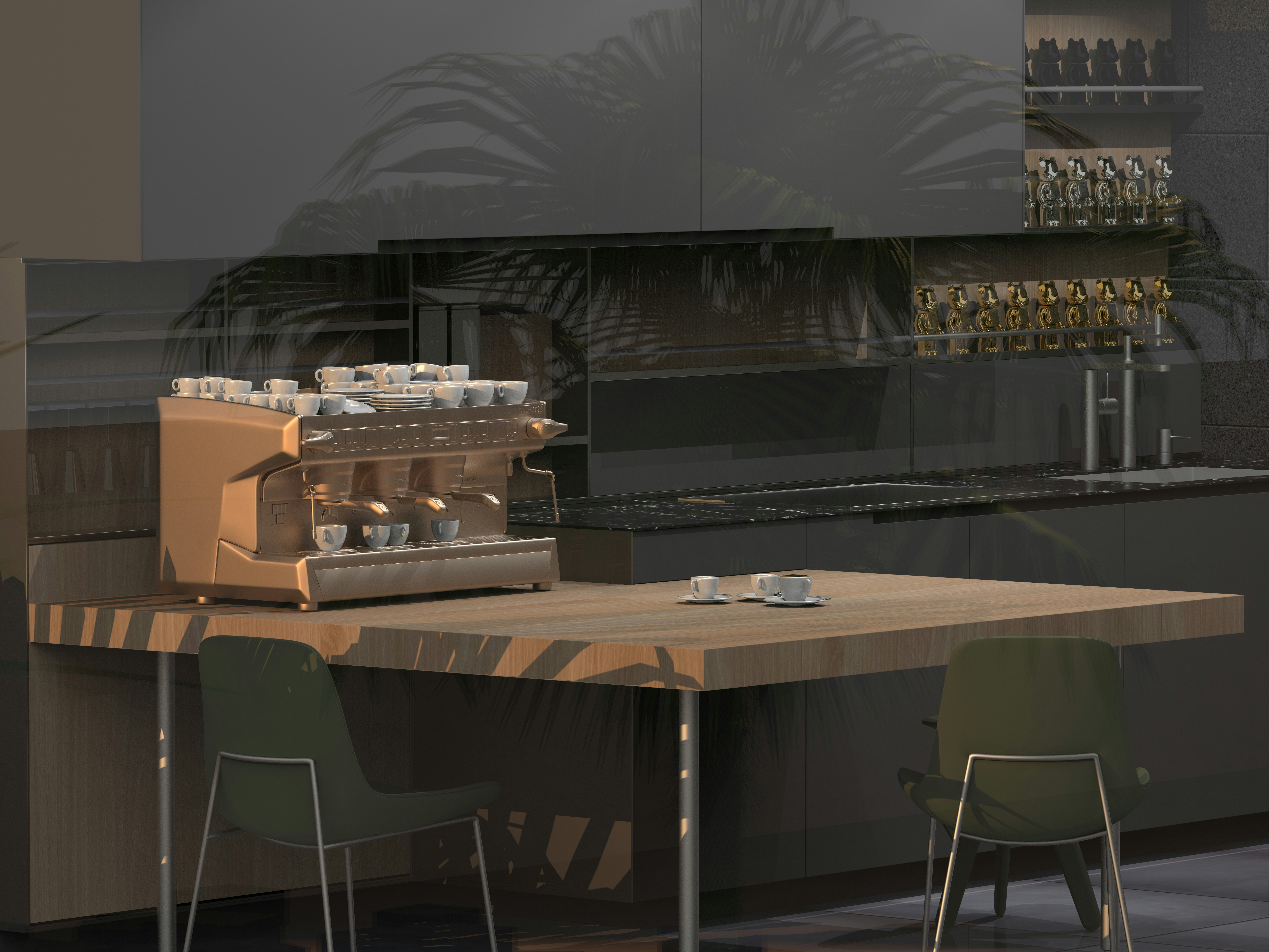 A sleek, open-concept kitchen with an island and bar stools, flowing into a dining area - 1200 sq ft apartment plan