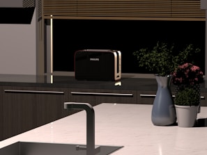 A modern kitchen countertop showcasing a compact smart assistant device next to a geometric vase