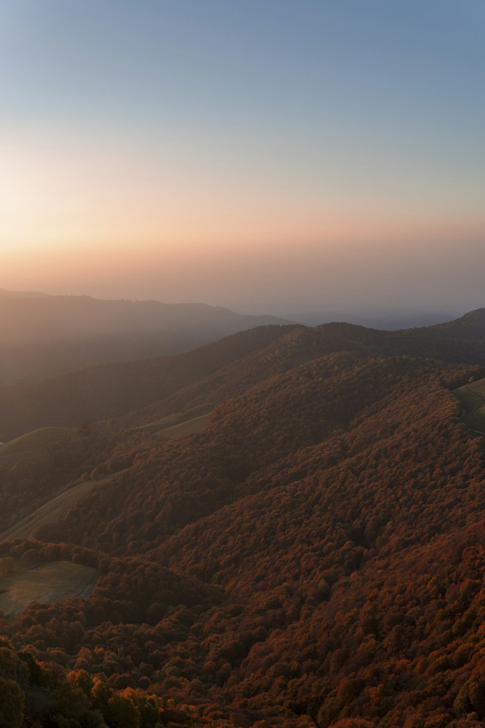 a scenic view of a valley with trees in the foreground