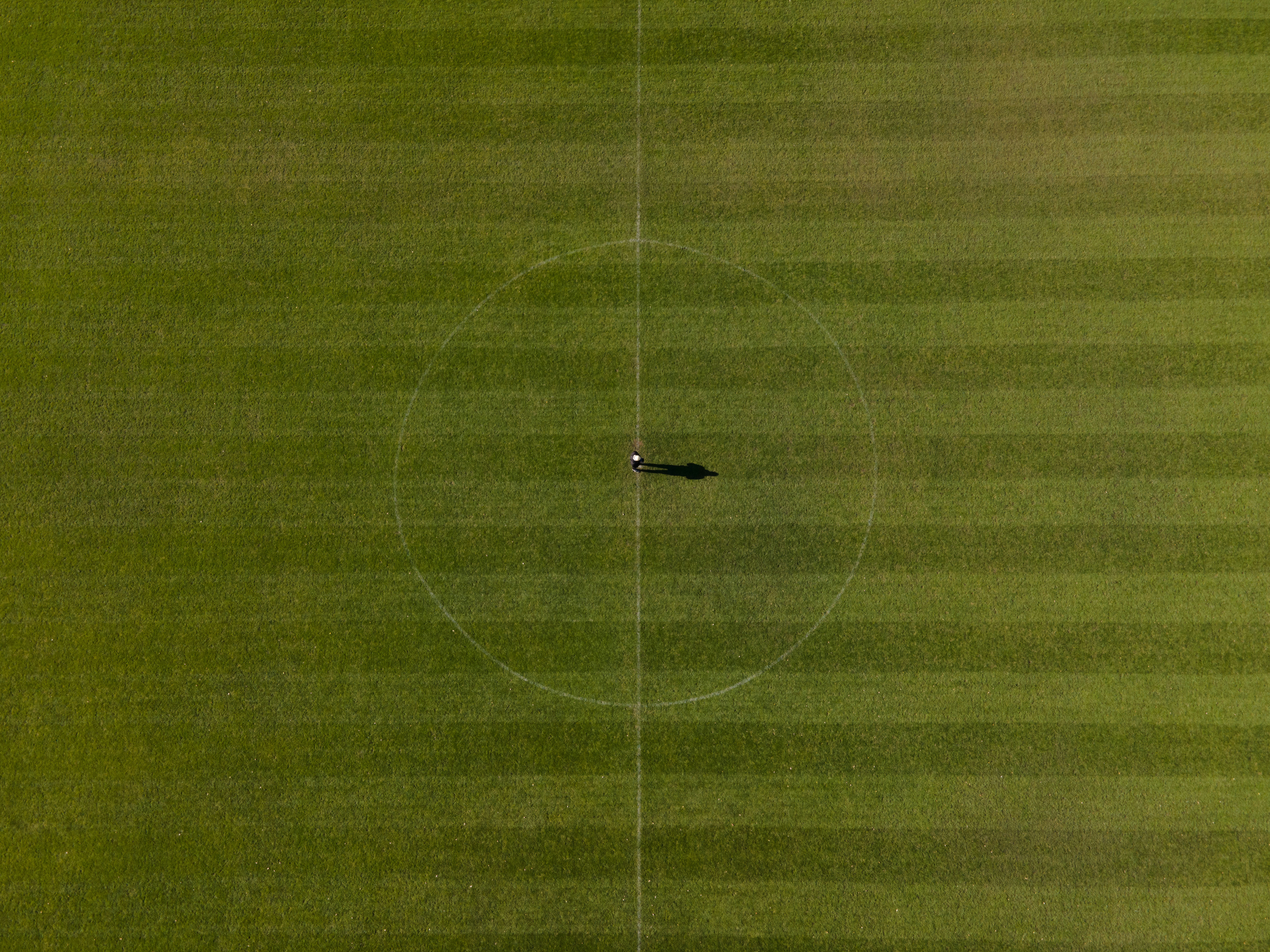 an aerial view of the center of a soccer field (pitch) with lines moved into the green grass