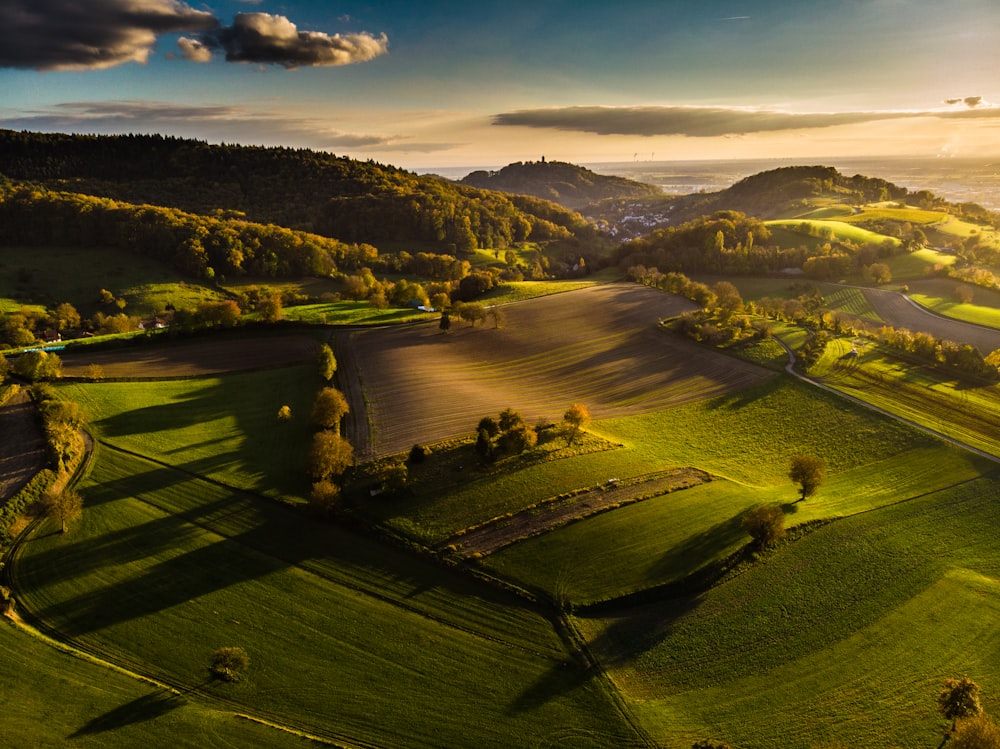 una veduta aerea di dolci colline e campi ondulati