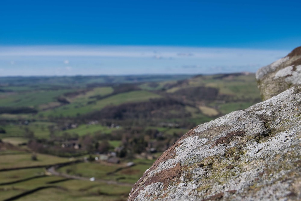 a close up of a rock with a valley in the background