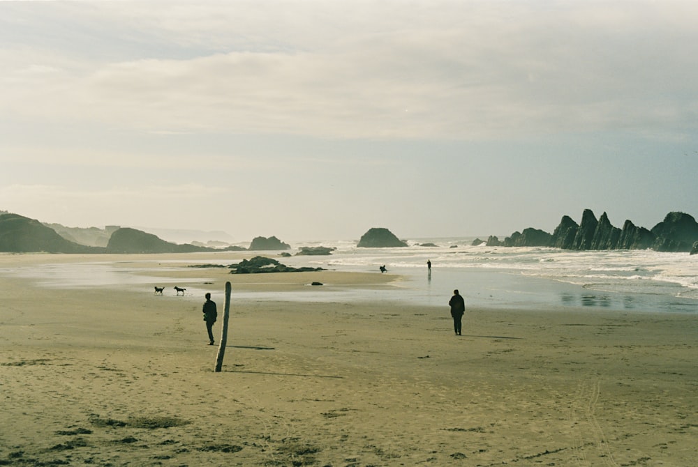 um par de pessoas em pé em cima de uma praia de areia