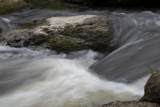 Gentle flow of clear water over moss-covered rocks, capturing movement and calm.