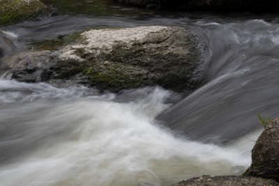 A bubbling mountain stream winding through mossy rocks.