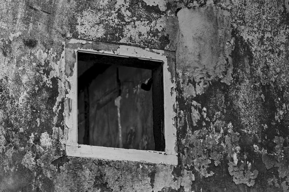 Una foto in bianco e nero di una finestra in un muro