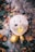 A decorated balloon with a face drawn on it, featuring cartoon-like eyes and a wide smile. The balloon is positioned outdoors among fallen leaves and foam.
