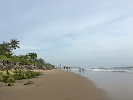 a group of people standing on top of a sandy beach