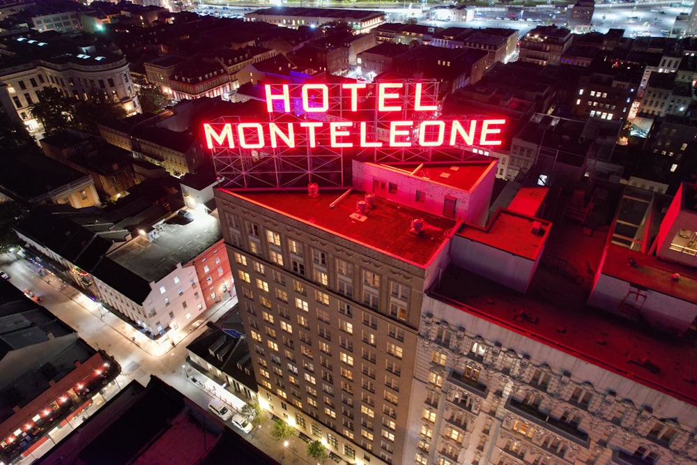 an aerial view of a city at night