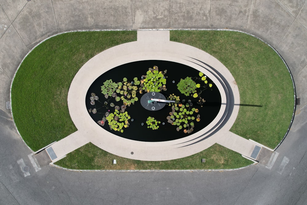 an aerial view of a clock in the middle of a park