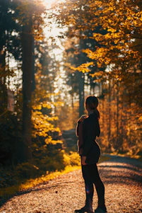 a woman standing on a road in the middle of a forest