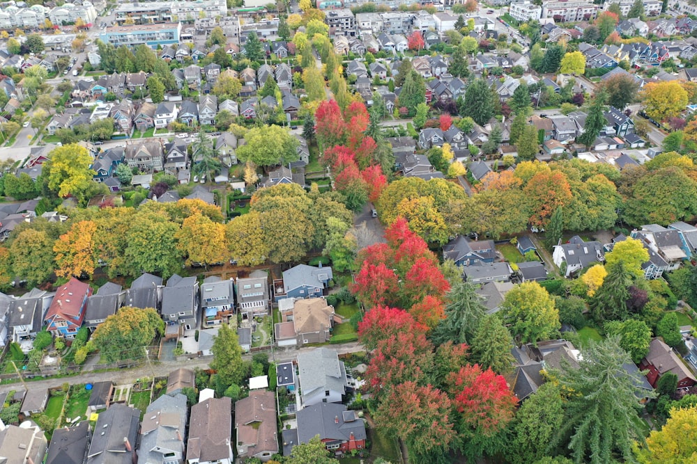 Luftaufnahme eines Viertels mit vielen Häusern