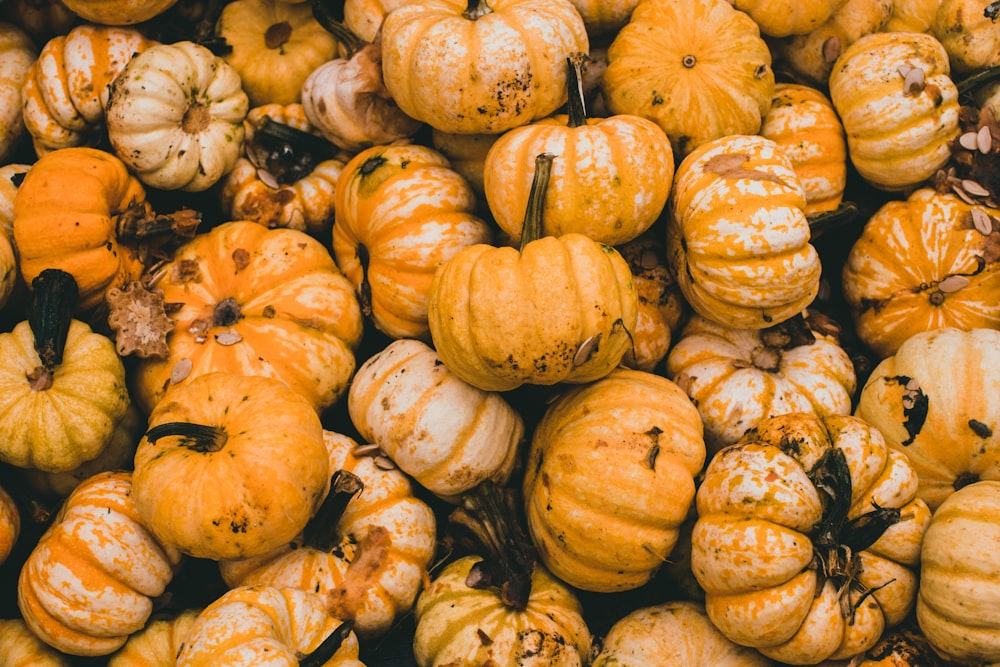 a pile of yellow and orange pumpkins sitting next to each other