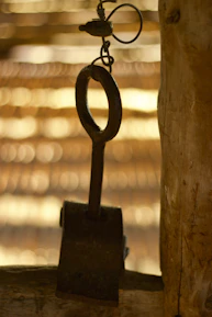 Close-up of a vintage gold key resting on a black velvet cloth, glowing softly under dim red light.