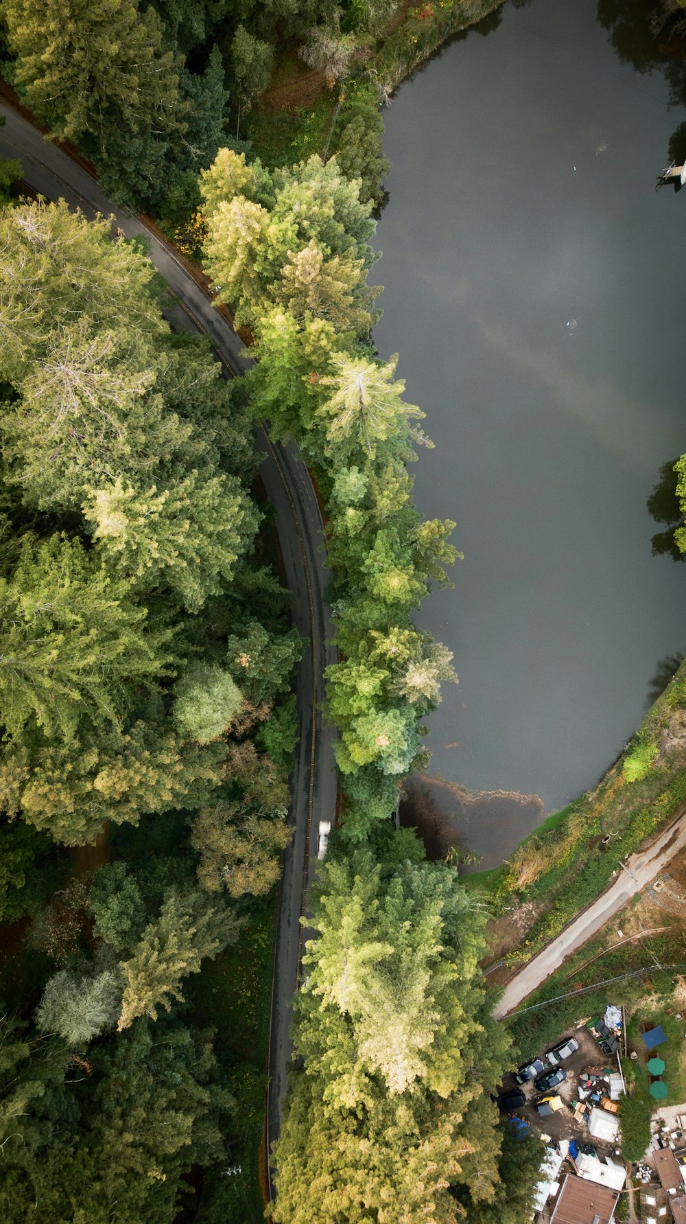 an aerial view of a winding road through a forest
