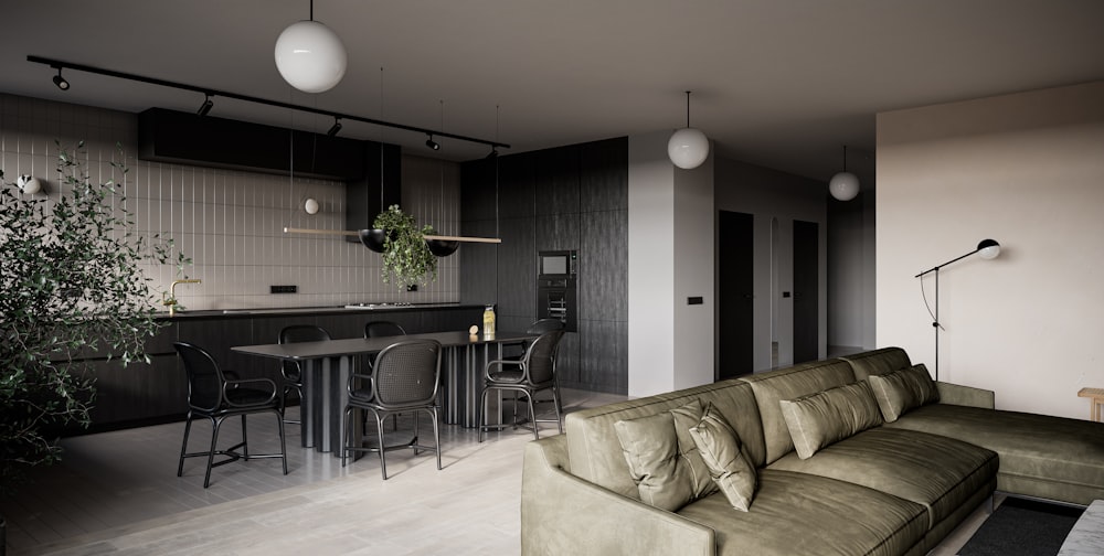 a living room filled with furniture and a bar