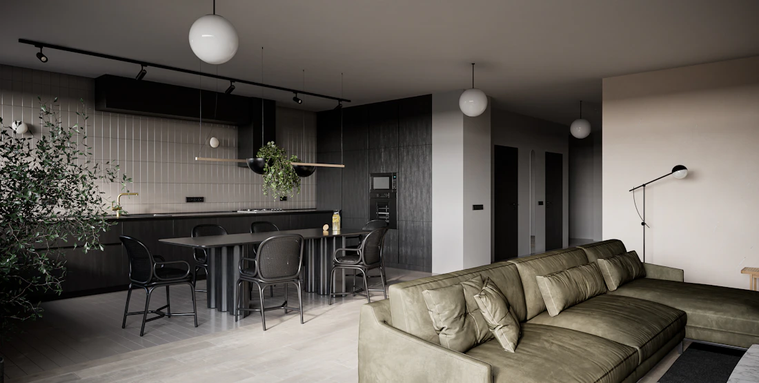 A moody, layered living space with considered lighting and furniture