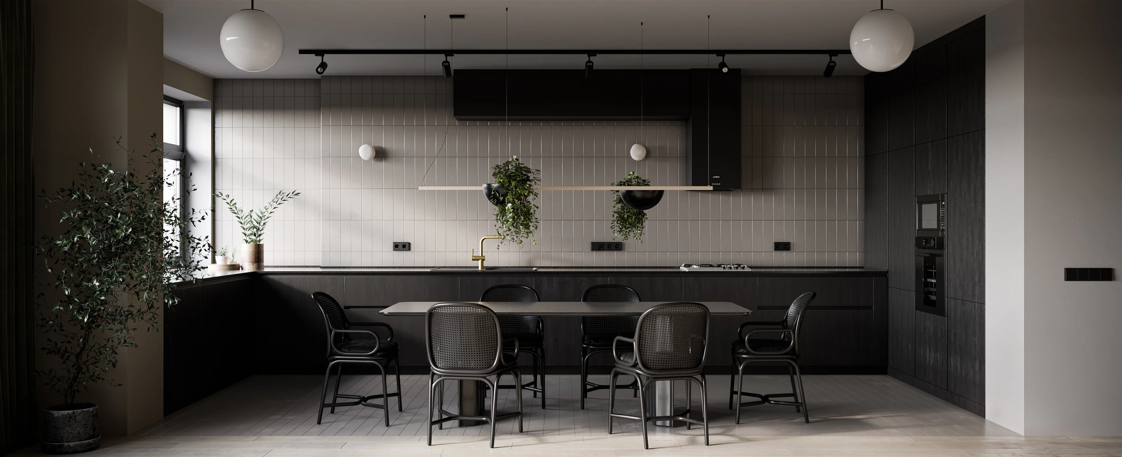 Long dining table with chairs in a tiled room