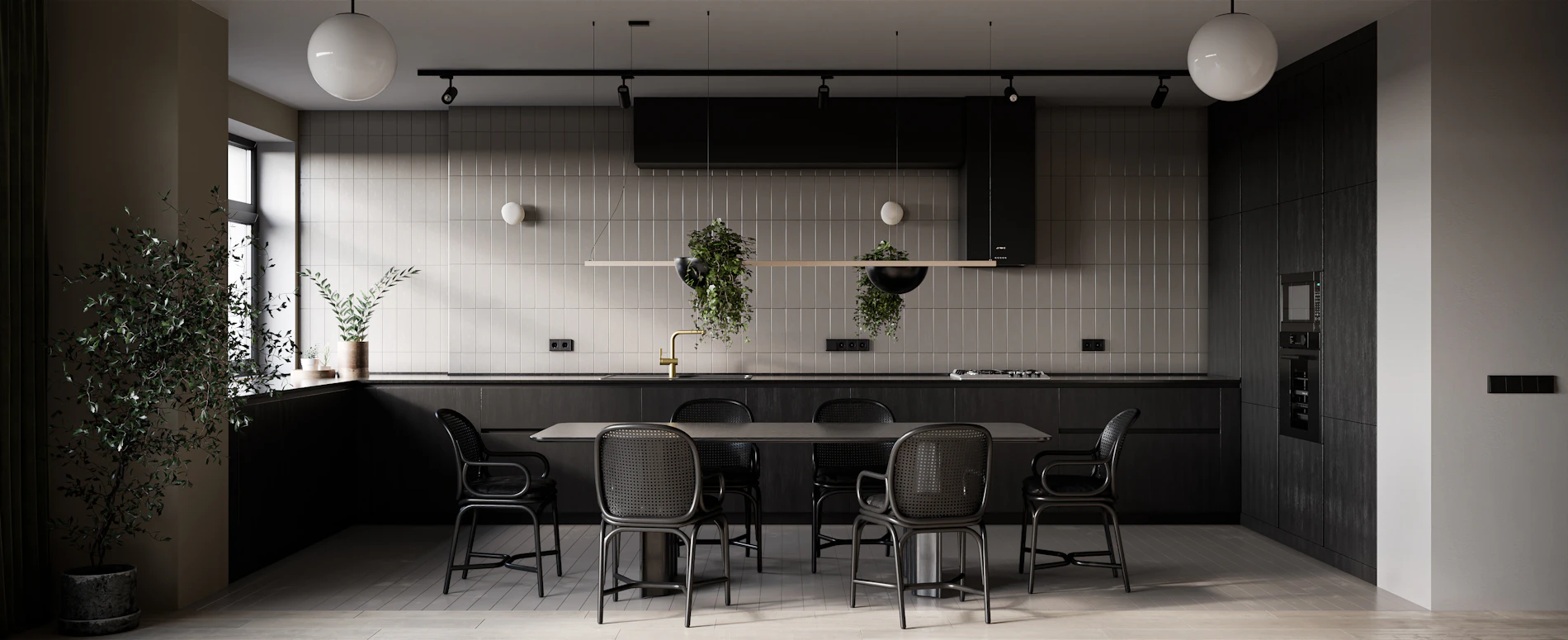 A dark, elegant dining room bathed in warm evening light