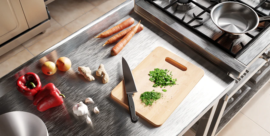 Large cutting board with a chef's knife and vegetables