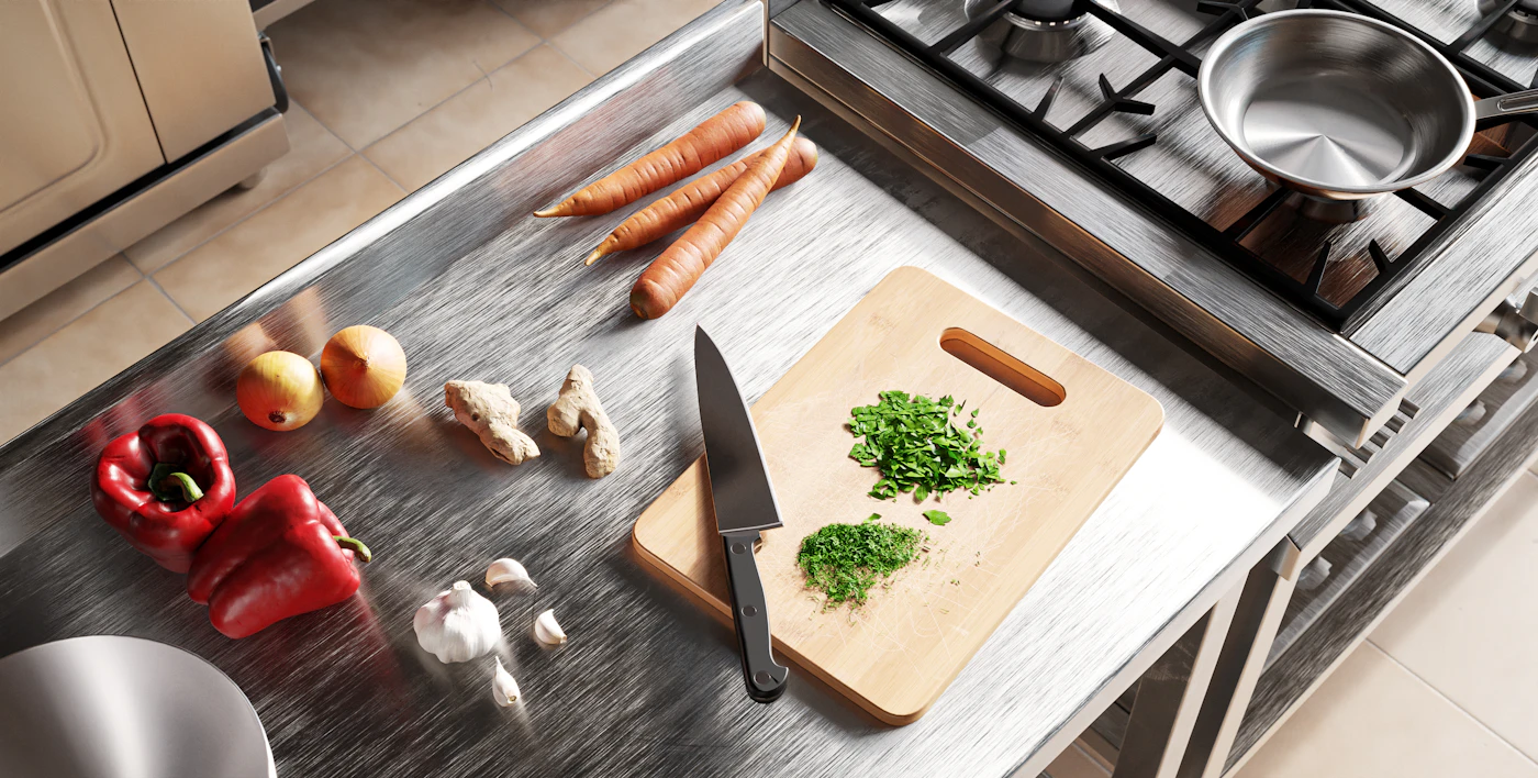 Large cutting board with a chef's knife and vegetables