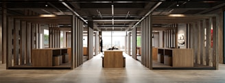 a large open room with wooden partitions