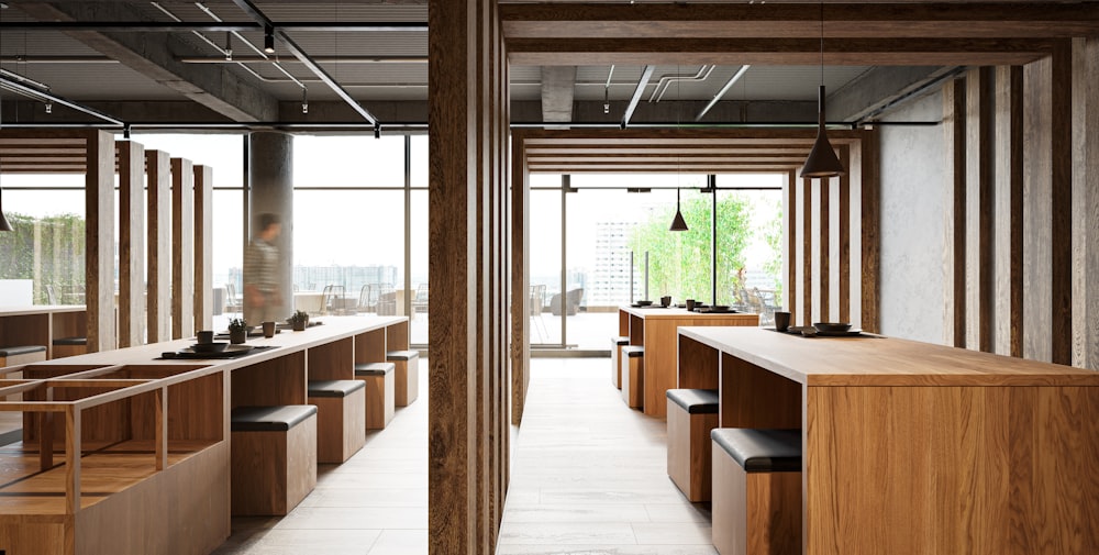 a room with a lot of tables and benches