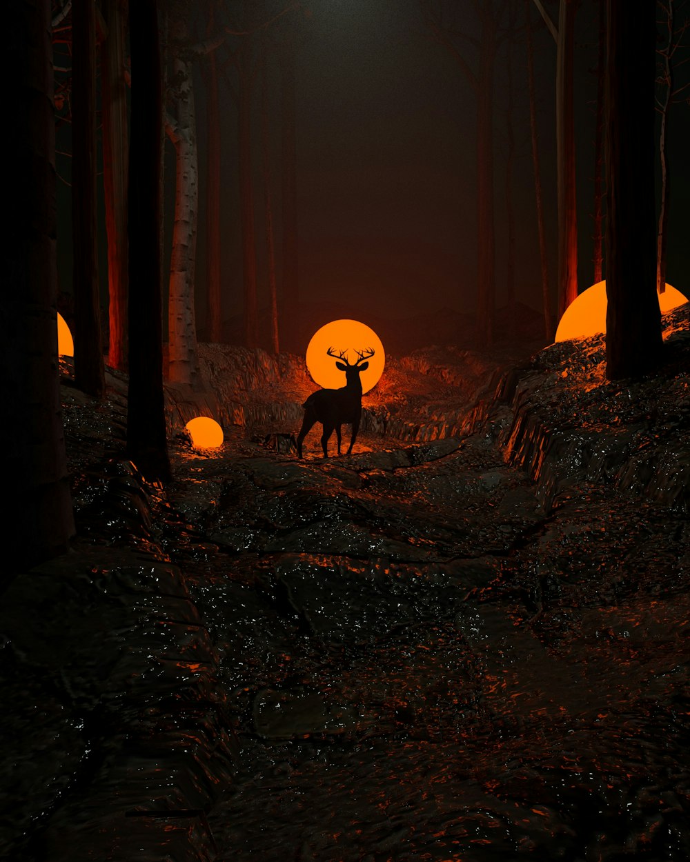 a deer standing in the middle of a forest at night