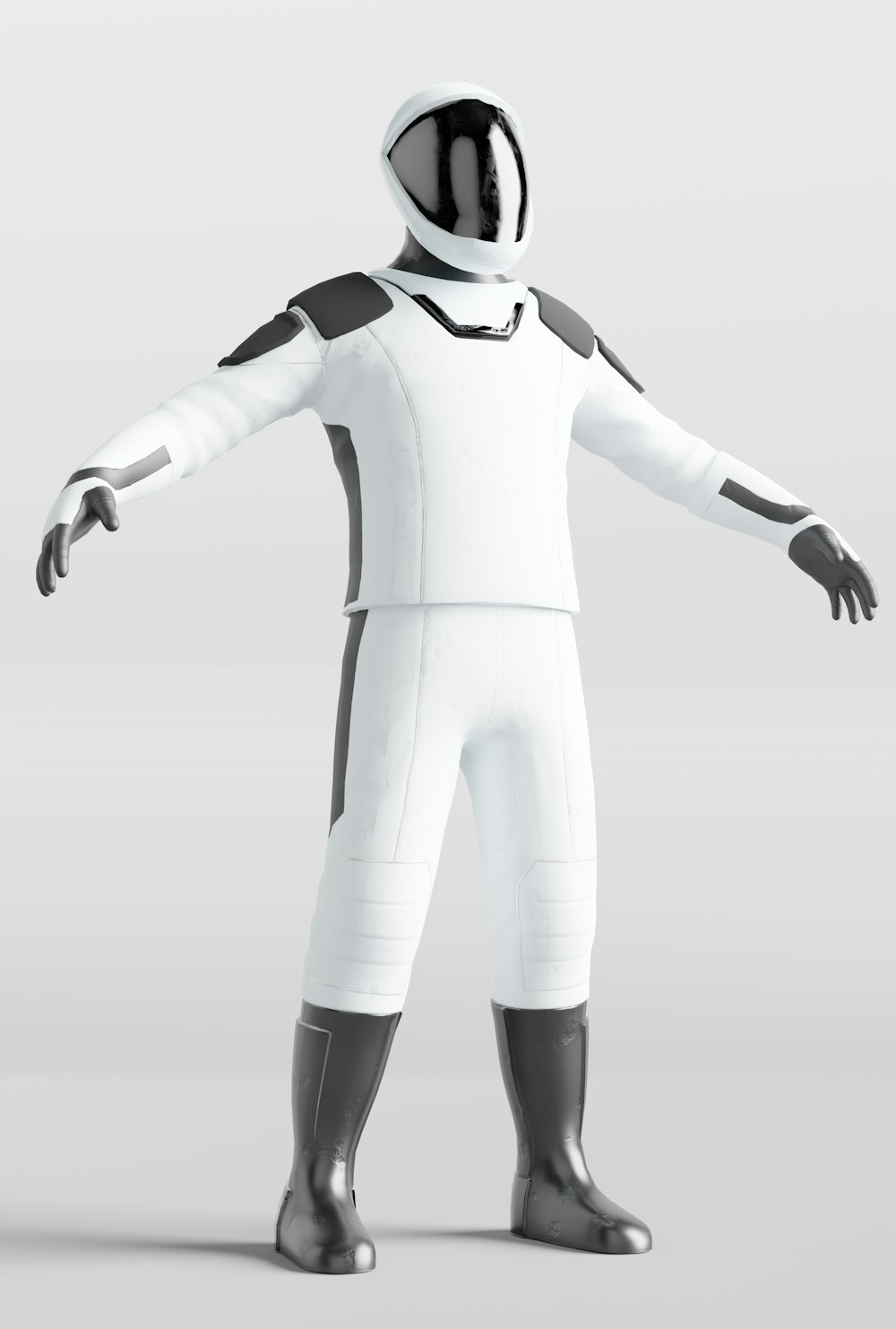 a person in a white suit and black boots
