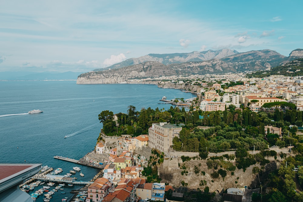 an aerial view of a city and a harbor