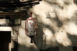 A rustic, aged wall with a vintage lantern. The wall is made of cracked plaster and some bricks are exposed, showing signs of wear and time. Shadows from nearby trees play across the wall, creating a pattern of light and shade. The lantern, marked with Chinese characters, is mounted on the wall and has a traditional, ornate design.