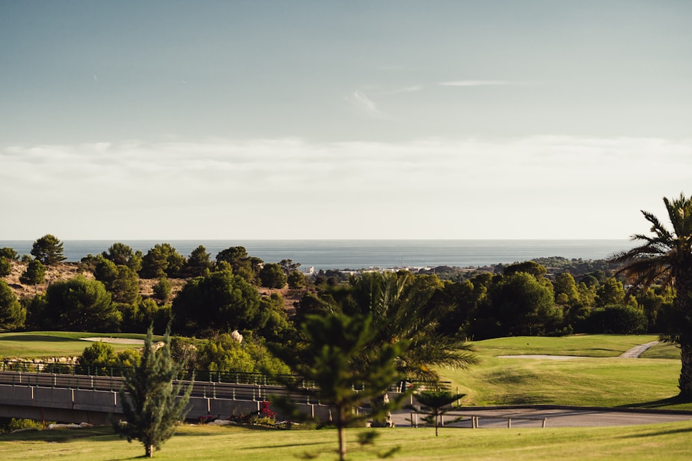 a scenic view of a golf course and the ocean