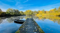 A peaceful lake reflecting autumn foliage with a small dock and boat tied up.