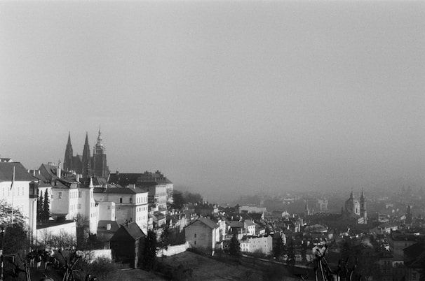 A cityscape in black and white captures the broad view of architectural structures. Pointed spires, possibly from a cathedral, rise prominently on the left, surrounded by other historical buildings. The scene is enveloped in a light mist or fog, lending a soft and atmospheric quality to the urban landscape.