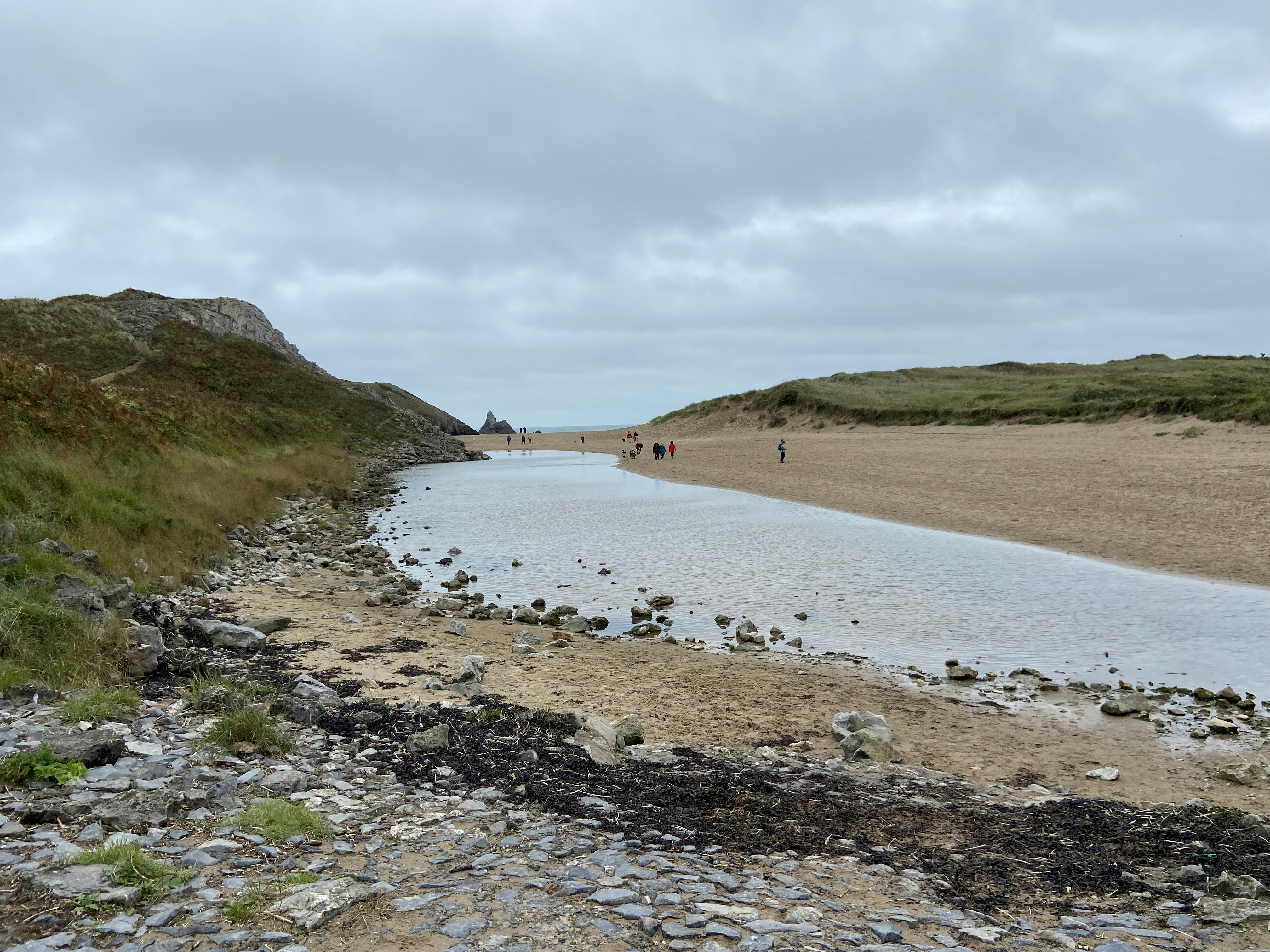 a group of people walking along a beach next to a body of water