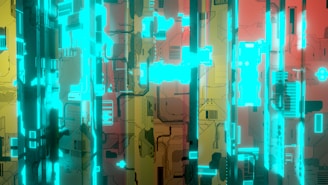 A futuristic, abstract design featuring glowing turquoise lines and geometric patterns on a background of warm, earthy colors like yellow and red. The intricate designs resemble circuit boards or advanced technology panels.