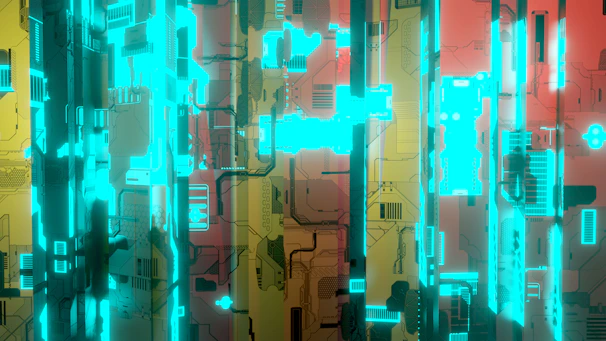A sleek dark interface glowing with turquoise accents showcasing a futuristic digital platform.