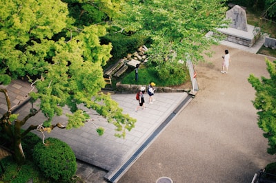 a group of people walking around a park