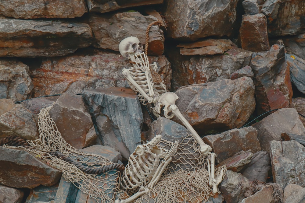 a skeleton sitting on top of a pile of rocks