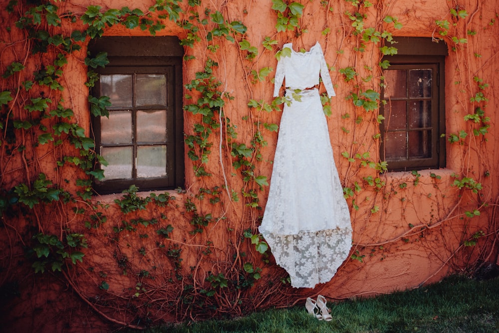 a wedding dress hanging on a vine covered wall