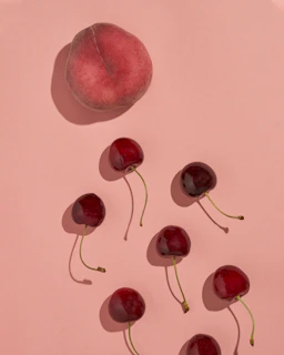 A variety of fruit-shaped squishy toys arranged on a pastel background