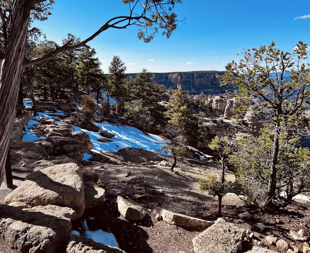 a view of a rocky area with snow on the ground